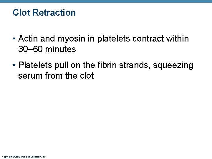 Clot Retraction • Actin and myosin in platelets contract within 30– 60 minutes •
