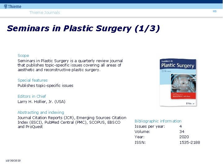 103 Thieme Journals Seminars in Plastic Surgery (1/3) Scope Seminars in Plastic Surgery is