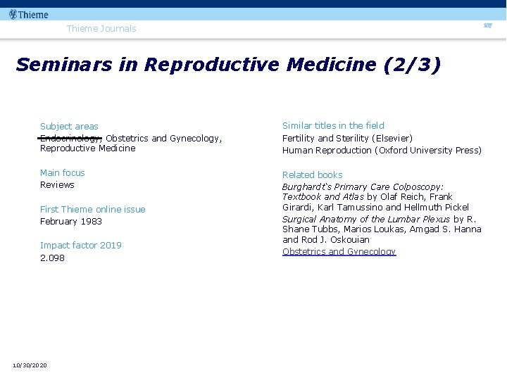107 Thieme Journals Seminars in Reproductive Medicine (2/3) Subject areas Endocrinology, Obstetrics and Gynecology,