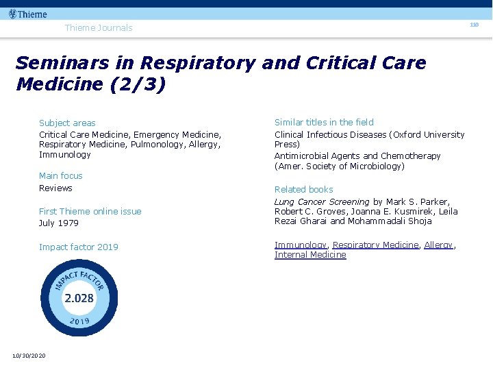 110 Thieme Journals Seminars in Respiratory and Critical Care Medicine (2/3) Subject areas Critical