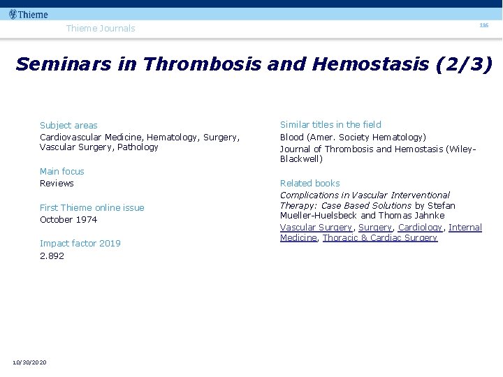 116 Thieme Journals Seminars in Thrombosis and Hemostasis (2/3) Subject areas Cardiovascular Medicine, Hematology,