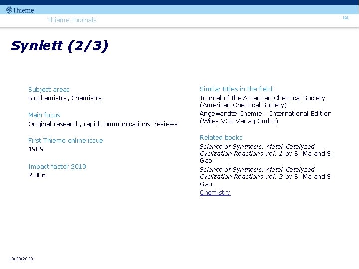 121 Thieme Journals Synlett (2/3) Subject areas Biochemistry, Chemistry Main focus Original research, rapid