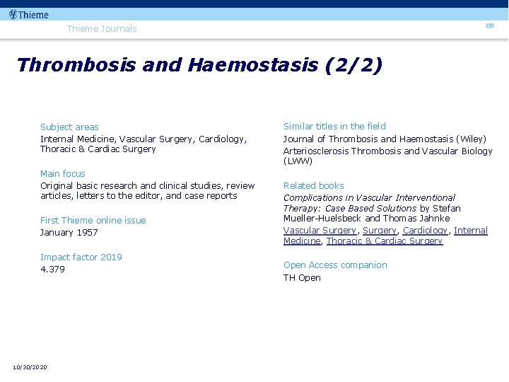 130 Thieme Journals Thrombosis and Haemostasis (2/2) Subject areas Internal Medicine, Vascular Surgery, Cardiology,