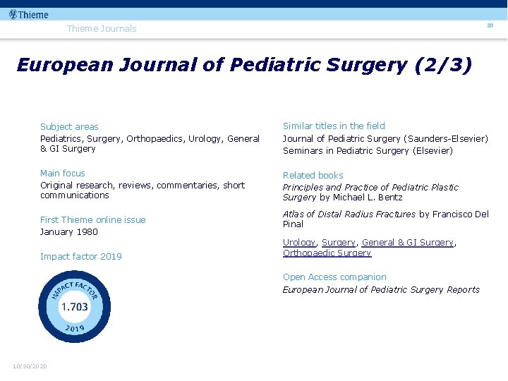 20 Thieme Journals European Journal of Pediatric Surgery (2/3) Subject areas Pediatrics, Surgery, Orthopaedics,