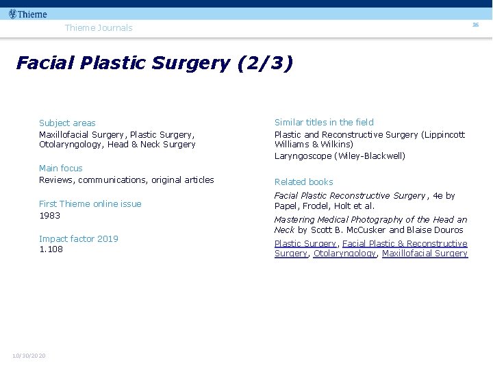 26 Thieme Journals Facial Plastic Surgery (2/3) Subject areas Maxillofacial Surgery, Plastic Surgery, Otolaryngology,
