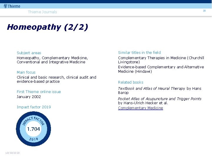 31 Thieme Journals Homeopathy (2/2) Subject areas Homeopathy, Complementary Medicine, Conventional and Integrative Medicine