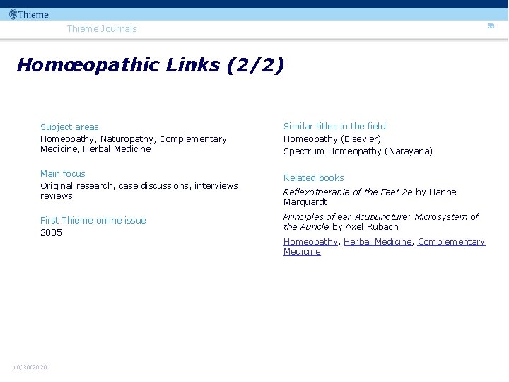 33 Thieme Journals Homœopathic Links (2/2) Subject areas Homeopathy, Naturopathy, Complementary Medicine, Herbal Medicine