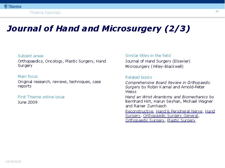 44 Thieme Journals Journal of Hand Microsurgery (2/3) Subject areas Orthopaedics, Oncology, Plastic Surgery,