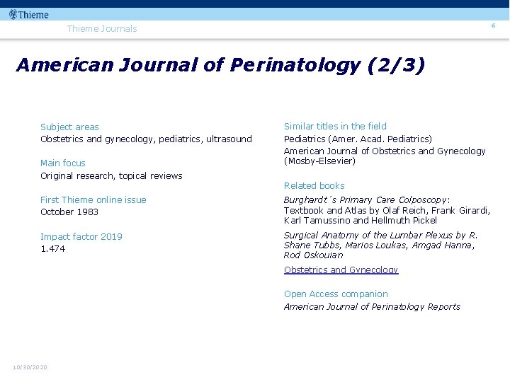 6 Thieme Journals American Journal of Perinatology (2/3) Subject areas Obstetrics and gynecology, pediatrics,