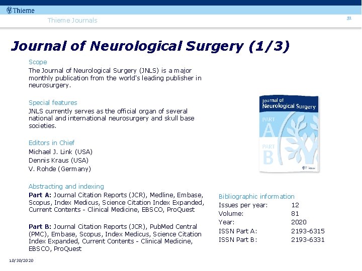 51 Thieme Journals Journal of Neurological Surgery (1/3) Scope The Journal of Neurological Surgery