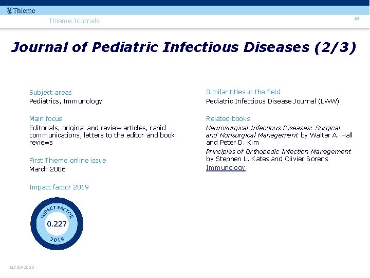 61 Thieme Journals Journal of Pediatric Infectious Diseases (2/3) Subject areas Pediatrics, Immunology Similar