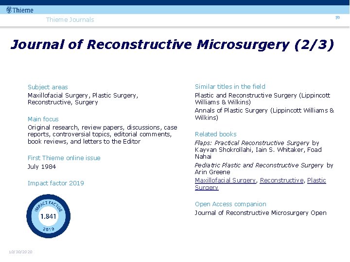 70 Thieme Journals Journal of Reconstructive Microsurgery (2/3) Subject areas Maxillofacial Surgery, Plastic Surgery,