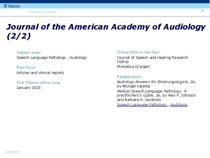 73 Thieme Journals Journal of the American Academy of Audiology (2/2) Subject areas Speech