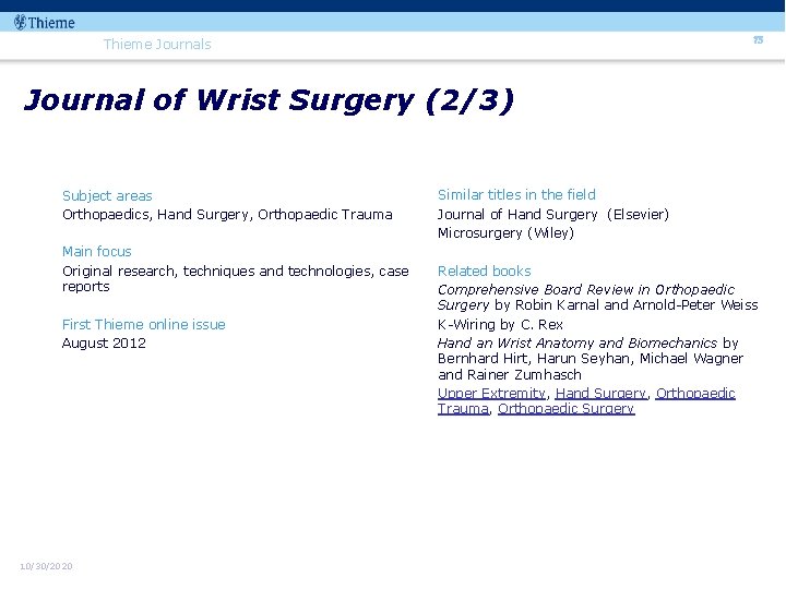 75 Thieme Journals Journal of Wrist Surgery (2/3) Subject areas Orthopaedics, Hand Surgery, Orthopaedic