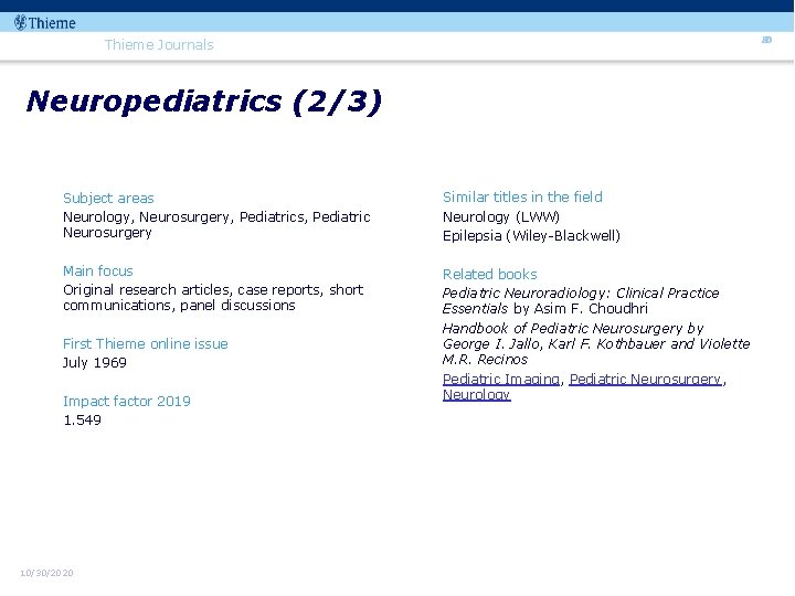 80 Thieme Journals Neuropediatrics (2/3) Subject areas Neurology, Neurosurgery, Pediatrics, Pediatric Neurosurgery Similar titles