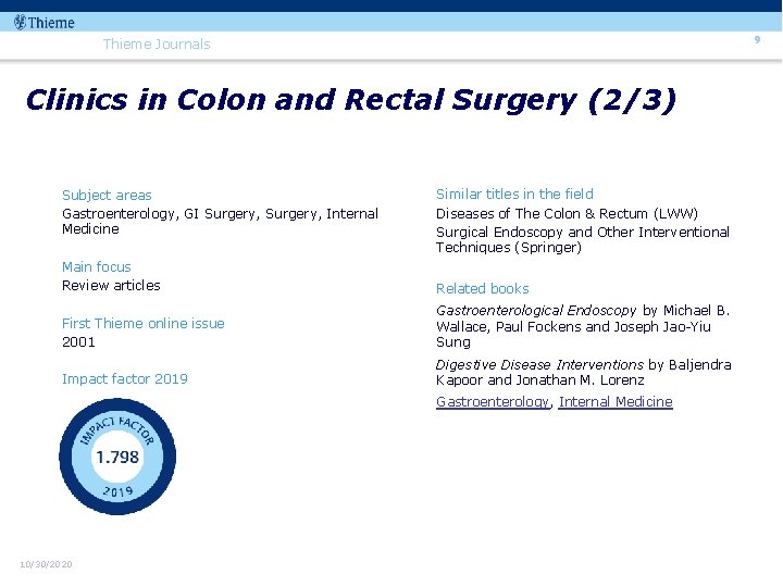 9 Thieme Journals Clinics in Colon and Rectal Surgery (2/3) Subject areas Gastroenterology, GI