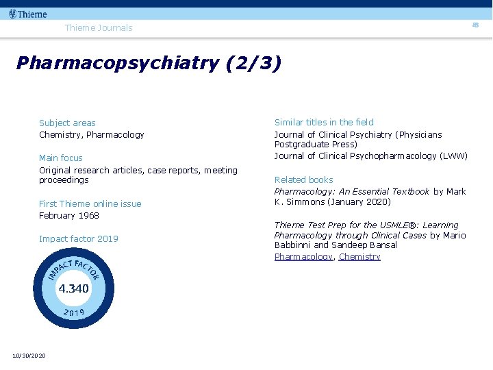 83 Thieme Journals Pharmacopsychiatry (2/3) Subject areas Chemistry, Pharmacology Main focus Original research articles,