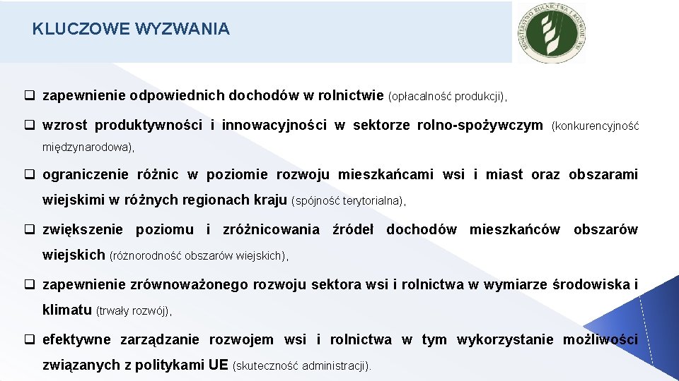 KLUCZOWE WYZWANIA q zapewnienie odpowiednich dochodów w rolnictwie (opłacalność produkcji), q wzrost produktywności i