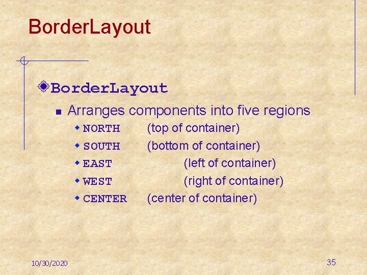 Border. Layout n Arranges components into five regions w NORTH w SOUTH w EAST