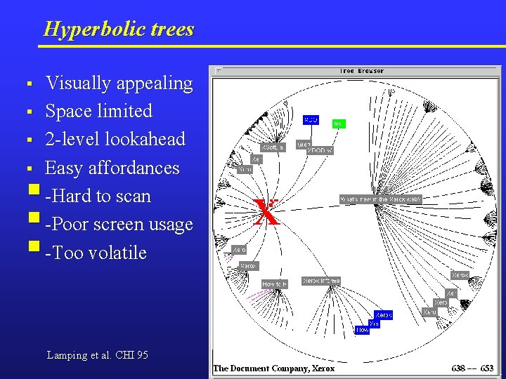 Hyperbolic trees § § § § Visually appealing Space limited 2 -level lookahead Easy