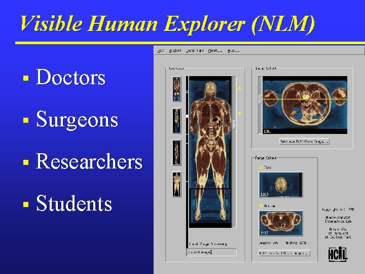 Visible Human Explorer (NLM) § Doctors § Surgeons § Researchers § Students 