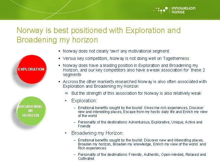 Norway is best positioned with Exploration and Broadening my horizon § Norway does not
