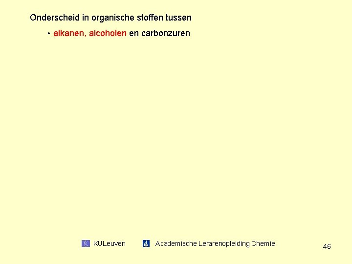 Onderscheid in organische stoffen tussen • alkanen, alcoholen en carbonzuren KULeuven Academische Lerarenopleiding Chemie