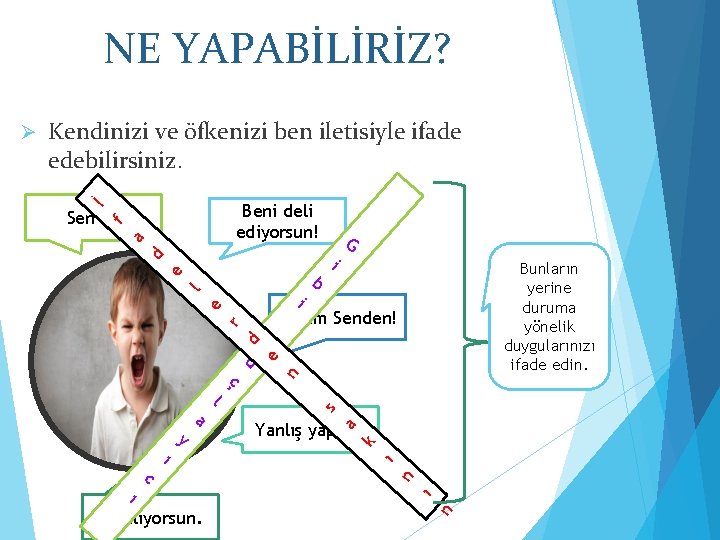 NE YAPABİLİRİZ? Kendinizi ve öfkenizi ben iletisiyle ifade edebilirsiniz. Beni deli ediyorsun! d l