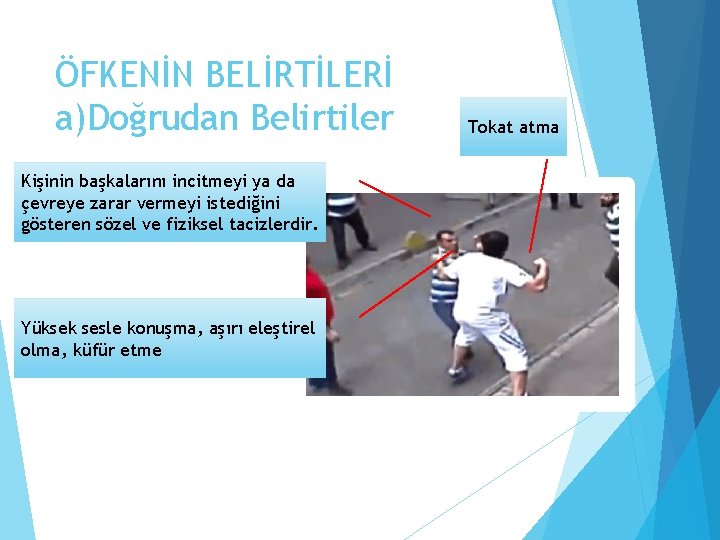 ÖFKENİN BELİRTİLERİ a)Doğrudan Belirtiler Kişinin başkalarını incitmeyi ya da çevreye zarar vermeyi istediğini gösteren