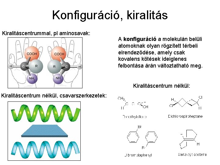 Konfiguráció, kiralitás Kiralitáscentrummal, pl aminosavak: A konfiguráció a molekulán belüli atomoknak olyan rögzített térbeli