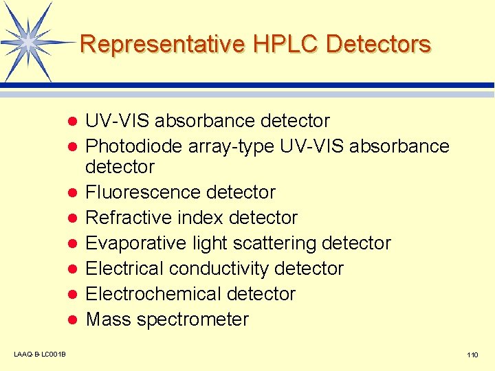 Representative HPLC Detectors l l l l LAAQ-B-LC 001 B UV-VIS absorbance detector Photodiode