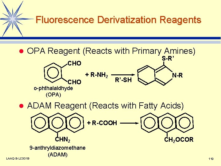 Fluorescence Derivatization Reagents l OPA Reagent (Reacts with Primary Amines) S-R’ CHO + R-NH