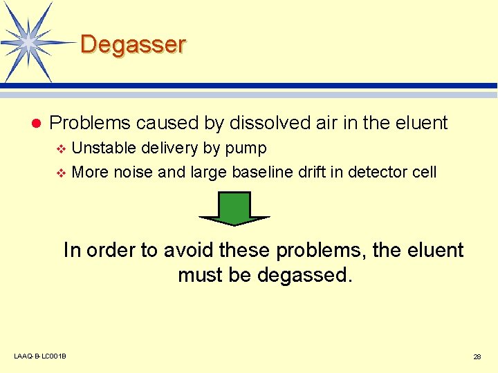 Degasser l Problems caused by dissolved air in the eluent Unstable delivery by pump