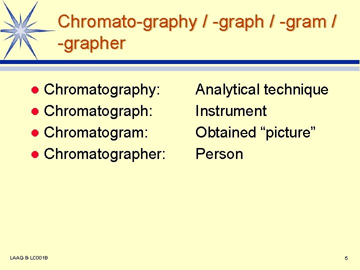 Chromato-graphy / -graph / -gram / -grapher Chromatography: l Chromatograph: l Chromatogram: l Chromatographer: