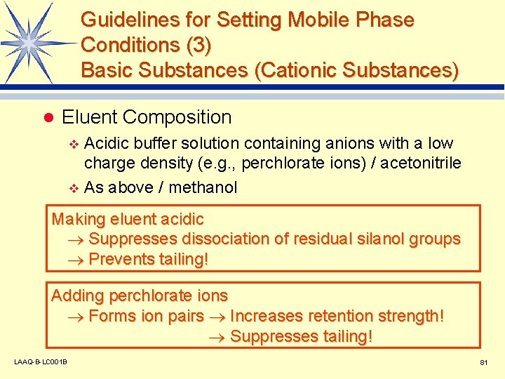 Guidelines for Setting Mobile Phase Conditions (3) Basic Substances (Cationic Substances) l Eluent Composition