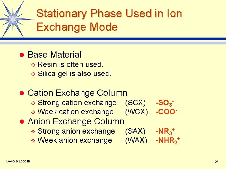 Stationary Phase Used in Ion Exchange Mode l Base Material Resin is often used.