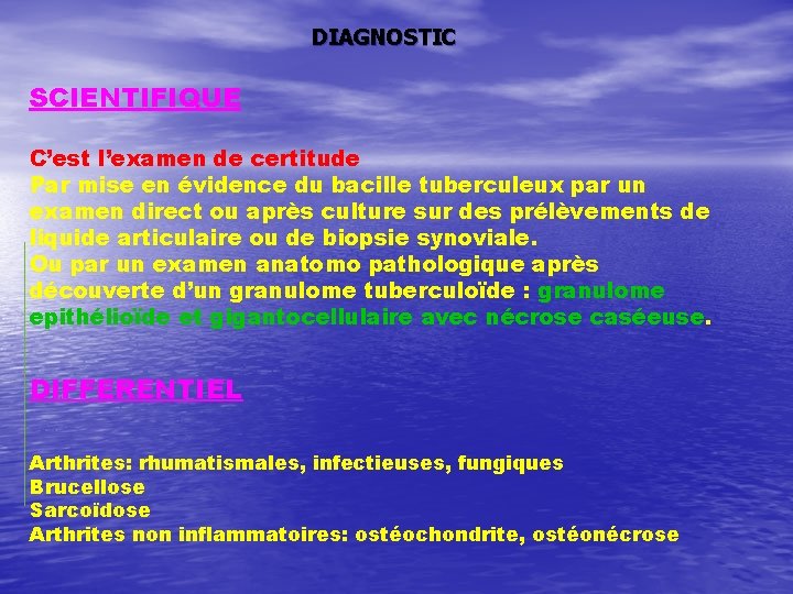 DIAGNOSTIC SCIENTIFIQUE C’est l’examen de certitude Par mise en évidence du bacille tuberculeux par