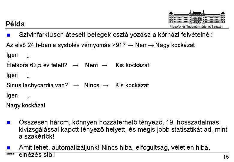 Példa n Szívinfarktuson átesett betegek osztályozása a kórházi felvételnél: Az első 24 h-ban a