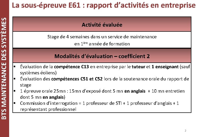 BTS MAINTENANCE DES SYSTÈMES La sous-épreuve E 61 : rapport d’activités en entreprise Activité