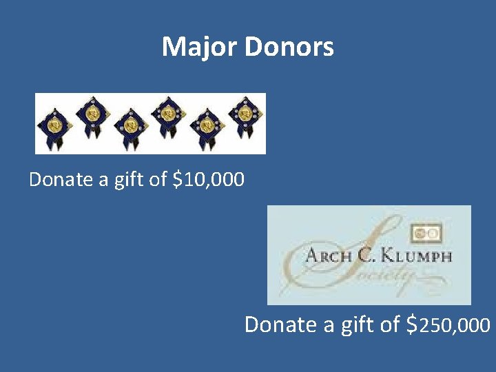 Major Donors Donate a gift of $10, 000 Donate a gift of $250, 000