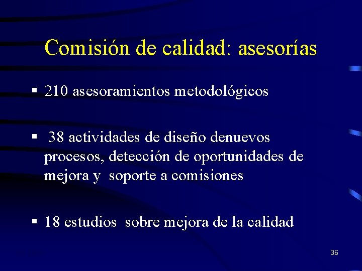 Comisión de calidad: asesorías § 210 asesoramientos metodológicos § 38 actividades de diseño denuevos