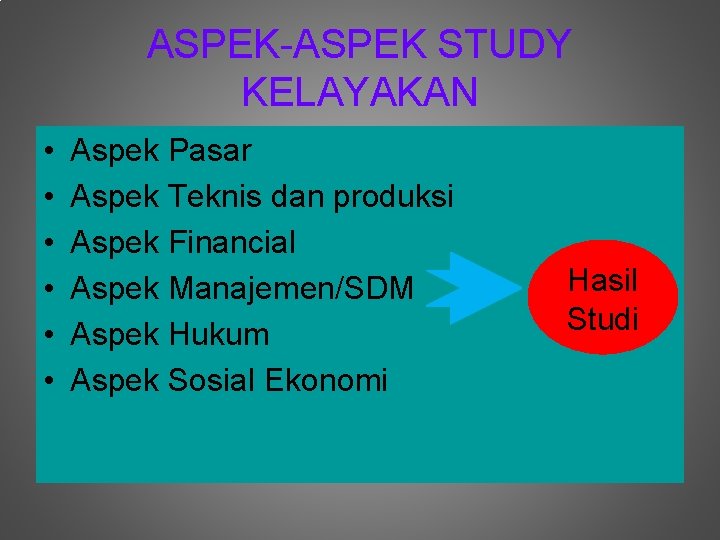 ASPEK-ASPEK STUDY KELAYAKAN • • • Aspek Pasar Aspek Teknis dan produksi Aspek Financial