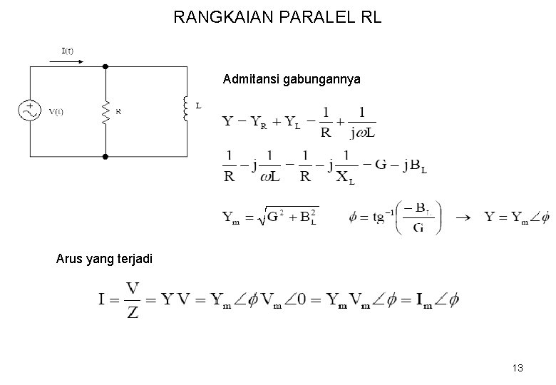 RANGKAIAN PARALEL RL Admitansi gabungannya Arus yang terjadi 13 