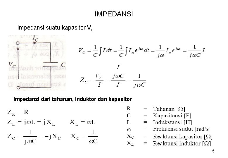 IMPEDANSI Impedansi suatu kapasitor Vc impedansi dari tahanan, induktor dan kapasitor 5 