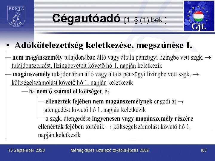 Cégautóadó [1. § (1) bek. ] Gjt. • Adókötelezettség keletkezése, megszűnése I. 15 September