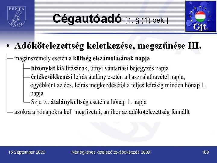 Cégautóadó [1. § (1) bek. ] Gjt. • Adókötelezettség keletkezése, megszűnése III. 15 September