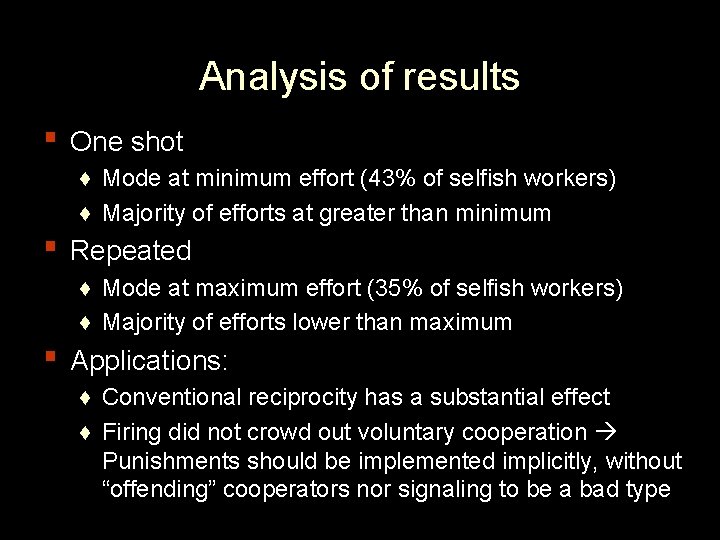 Analysis of results ▪ One shot ♦ Mode at minimum effort (43% of selfish