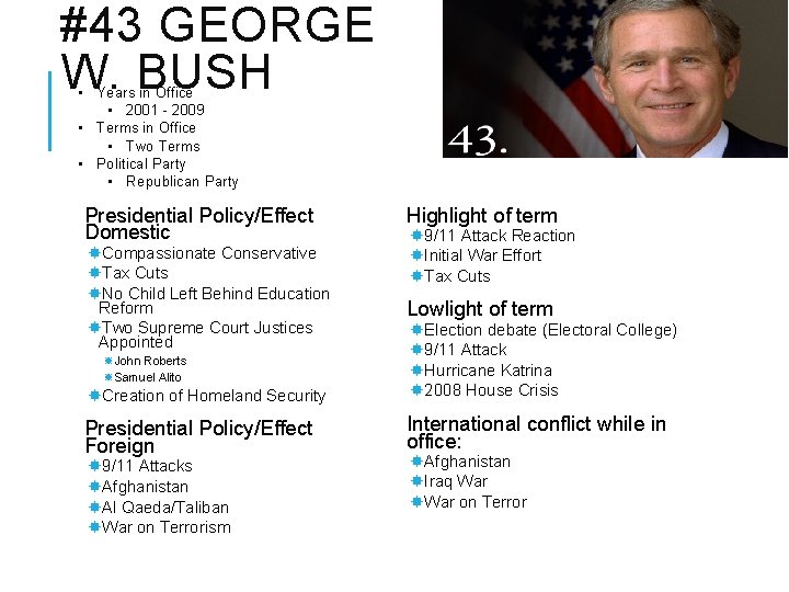 #43 GEORGE W. BUSH • Years in Office • 2001 - 2009 • Terms