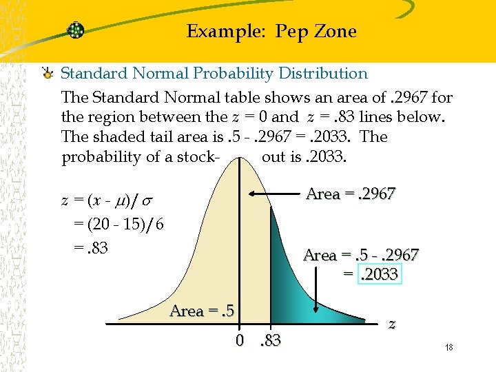 Example: Pep Zone Standard Normal Probability Distribution The Standard Normal table shows an area