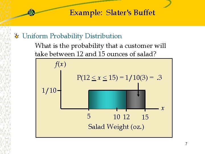 Example: Slater's Buffet Uniform Probability Distribution What is the probability that a customer will